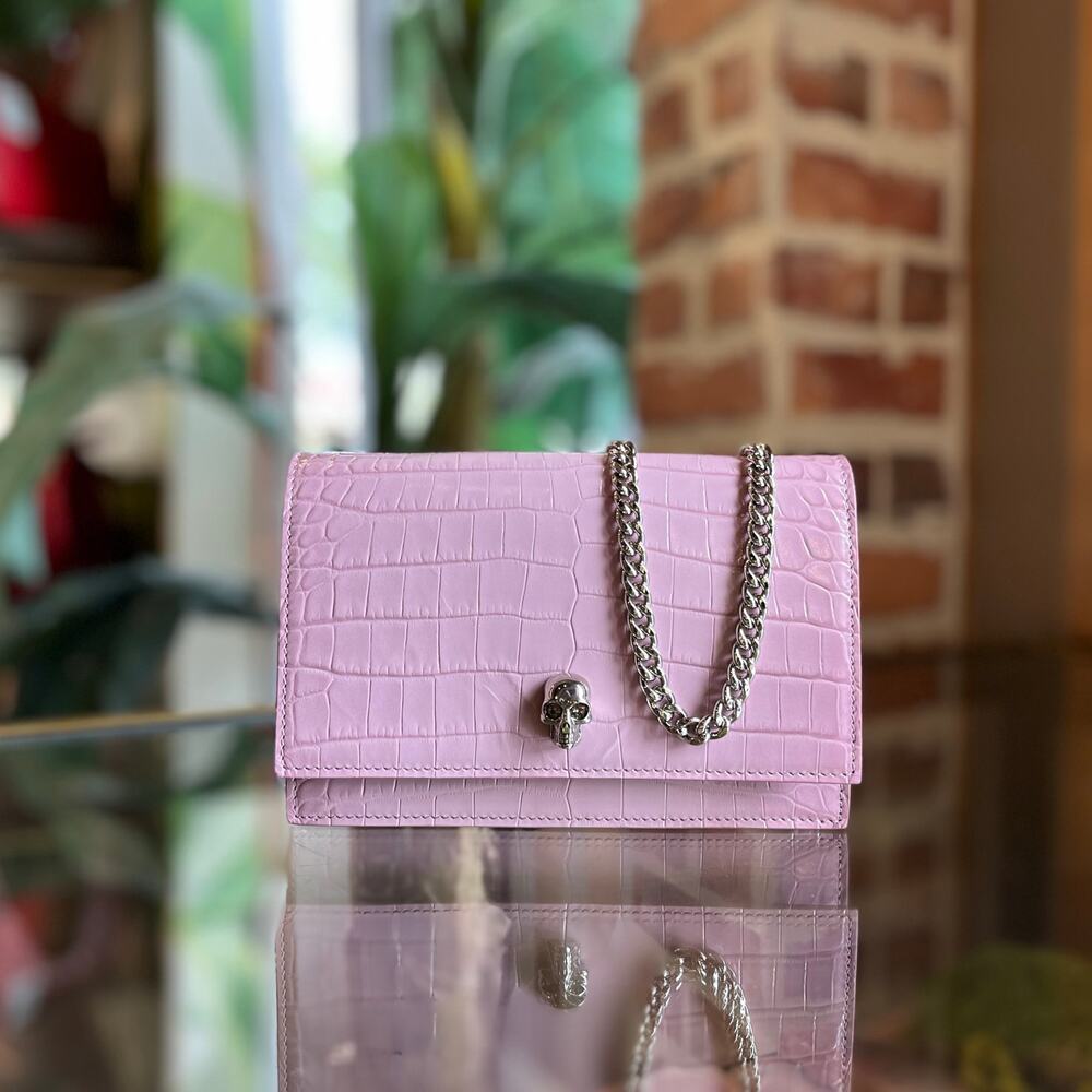 ALEXANDER MCQUEEN Mini Pink Calfskin Crocodile-Embossed Skull Crossbody